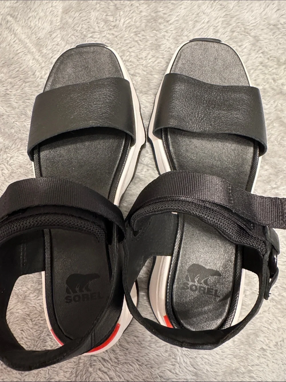 Sorel Black Platform Sandals with White Sole and Red Accent